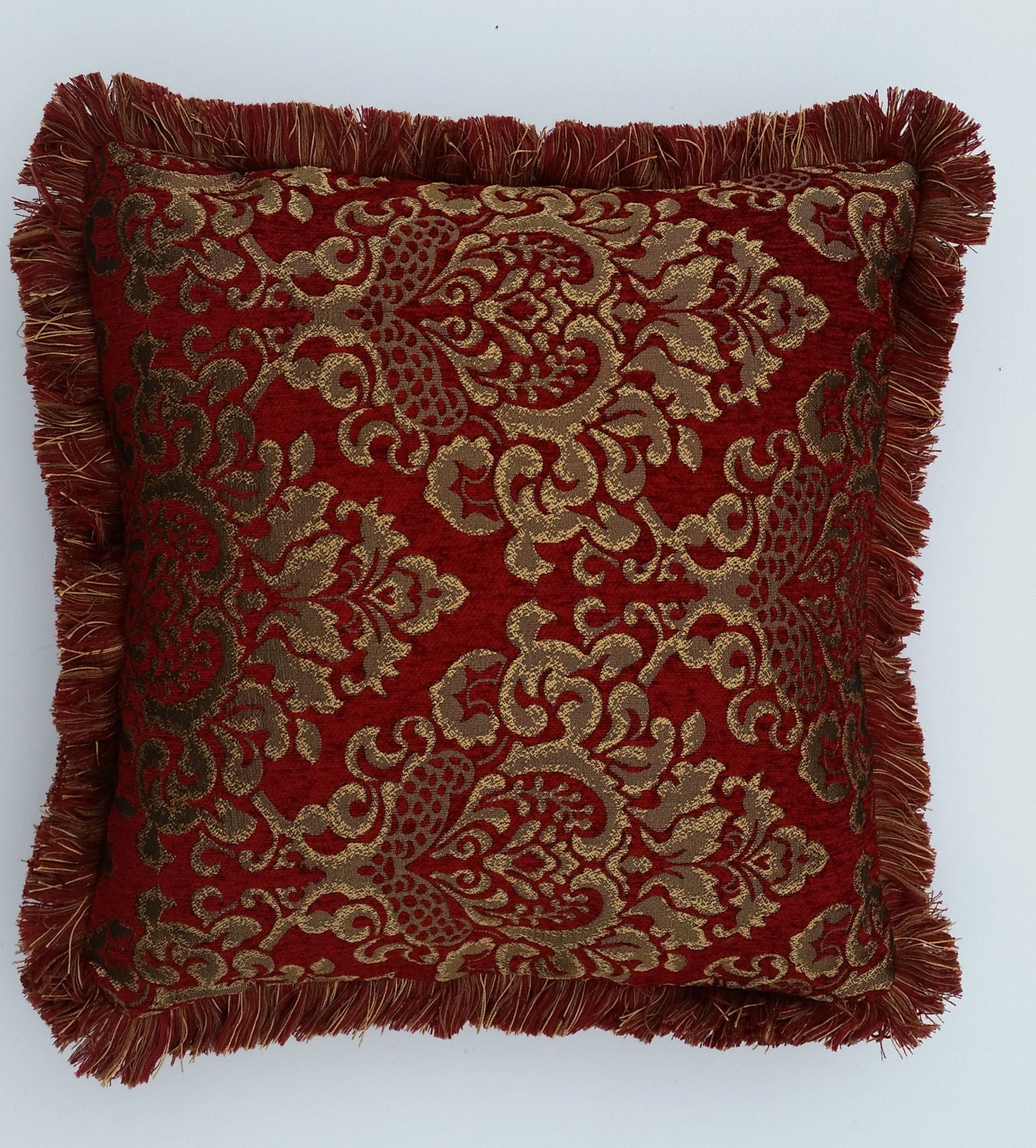 large chenille red gold embroidered throw pillows with fringe