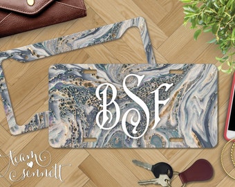 Ocean Marble Monogrammed License Plate - Blue Faux Stone Swirl Pattern - Personalized Aluminum Car Front Vanity Plate - Custom Auto Decor