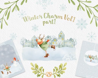 Winter Clip art, Deer, Christmas clipart, watercolor clipart, card template, printable, scrapbooking, snow flake, illustration, ice skating