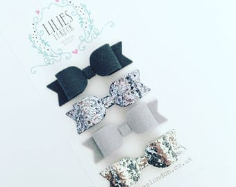 Grey hair bows, sparkly hair clips, wool felt hair bows, silver hair slides, school hair clips, glittery baby headbands, women's hair bows