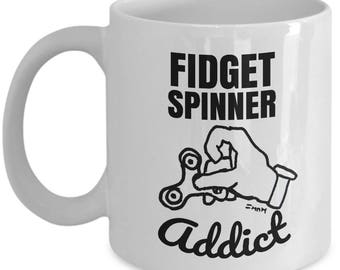 Hand fidget spinner meme gift mug, Funny fidget spinner toy addict, Black and white printed cup // By Mark Bernard - sketchnkustom!