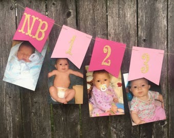 12 month photo banner. Pink and gold 1st birthday. Pink and gold photo banner. Pink and gold first birthday banner .