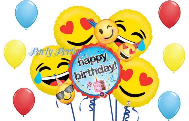 11 pc Emoji Cluster Happy Birthday balloon set Mylar and latex