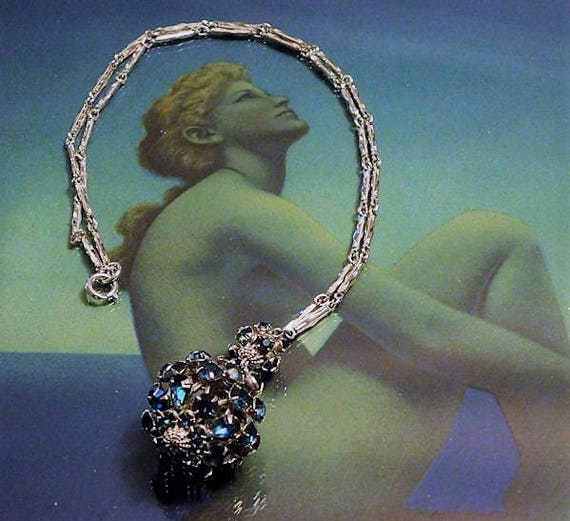 Art Deco Rhinestone Necklace 1940s 40s Sapphire Blue Glass Rhinestone Sautoir Lariat Tassel Dangling Dangle Ball Wedding Bride Fashion