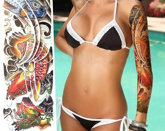 Temporary Tattoo Sleeve,flash tattoos, fake tattoo, temporary tattoos, large temporary tattoos,peacock tattoo, lotus tattoo,metallic tattoo