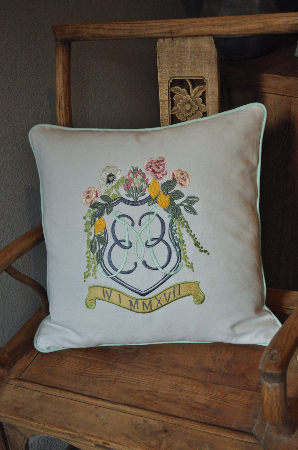 Custom Monogrammed Pillow Embroidered Wedding Crest
