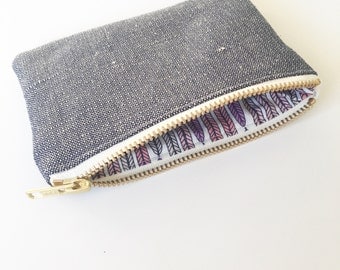 Ecofriendly coin purse, Navy Organic Hemp and purse Plumes Lavender Vanilla metal zip PS002