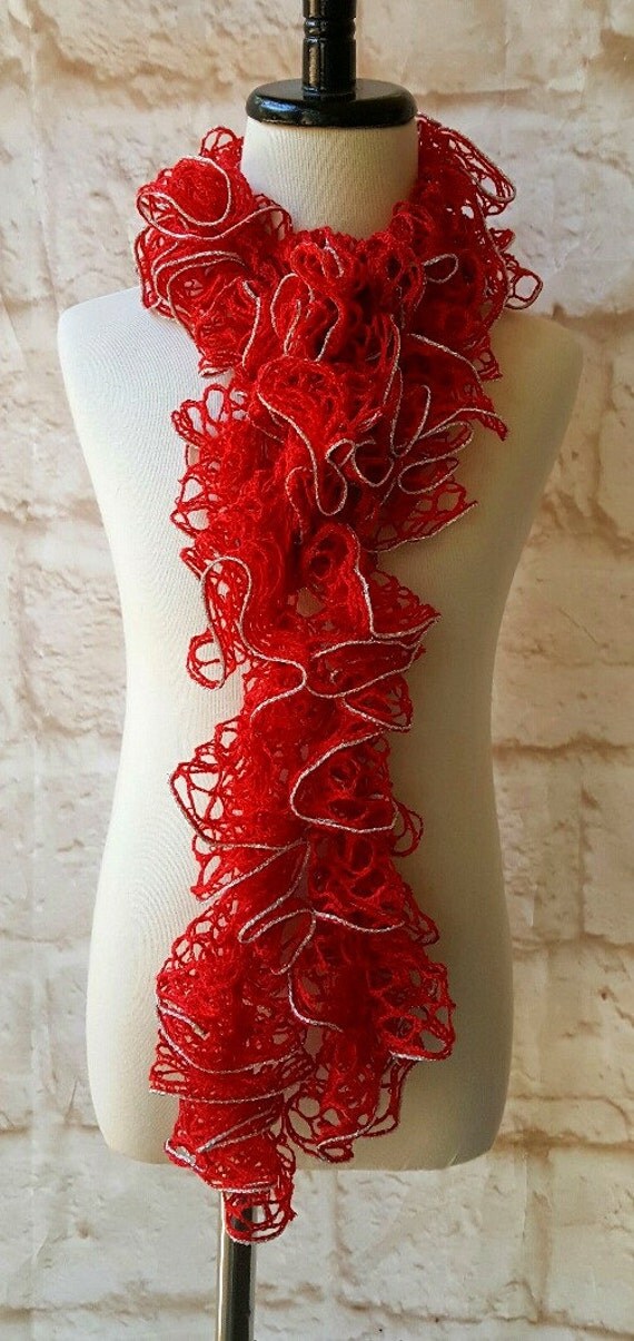 Red sashay scarf Ruffle scarf Crochet scarf Handmade