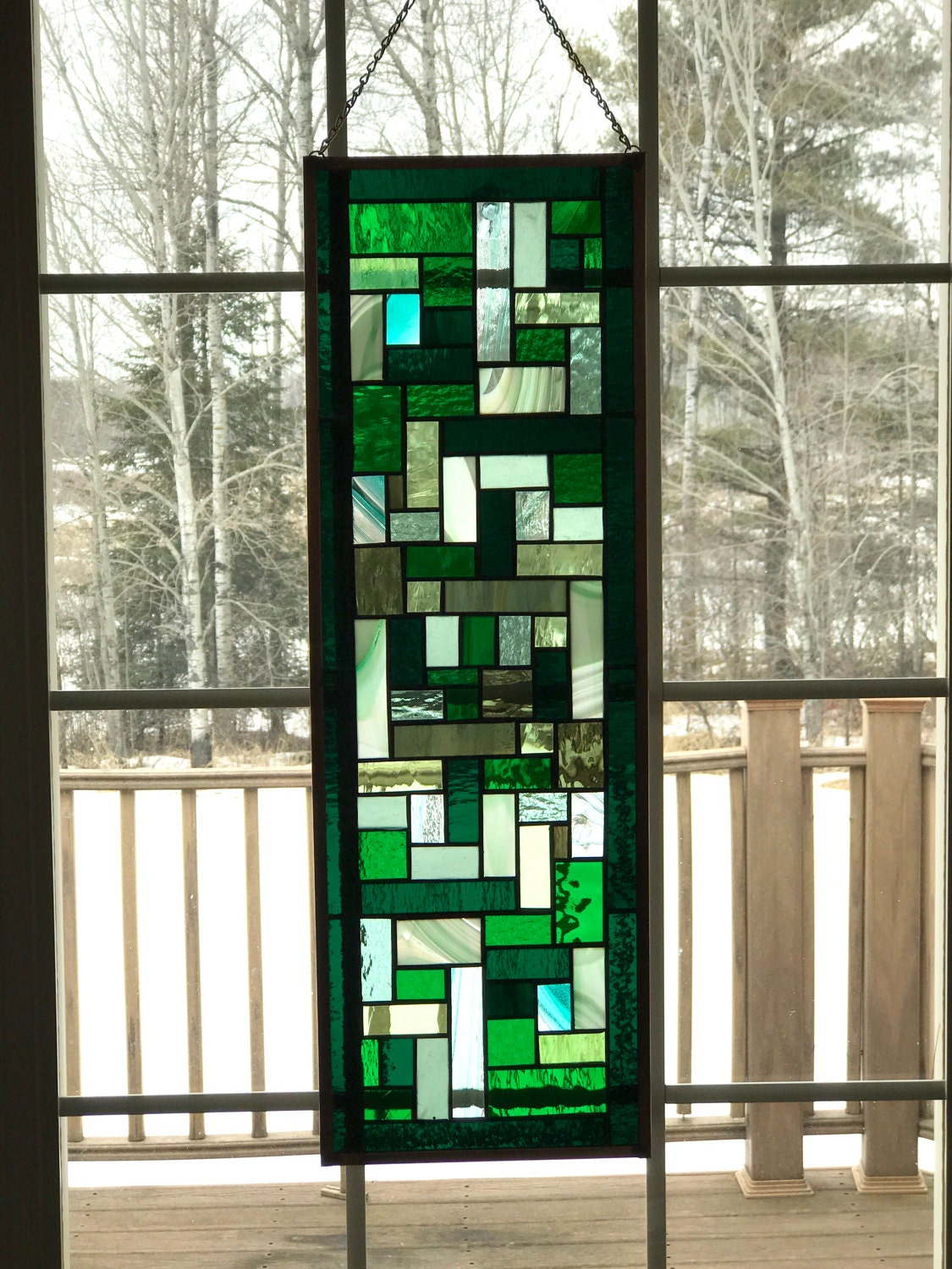 SALE Geometric Green Stained Glass Window Panel. Mixed Green