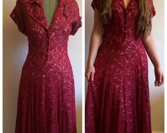 Vintage 40s burgundy lace dress - S - gown