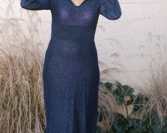 Rare and Beautiful Vintage 70s Wenjilli Metallic Midnight Blue Lurex Hooded Dress, size 11-12, Old Hollywood Glam, Retro ,
