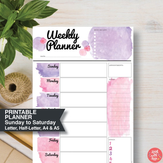 weekly agenda pink printable planner sunday to saturday