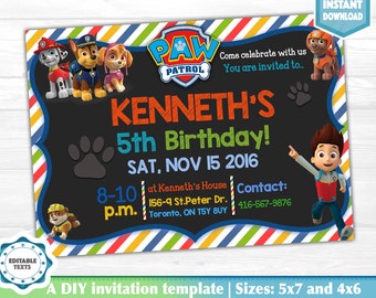 Paw Patrol Birthday Invitation Instant Download DIY Editable