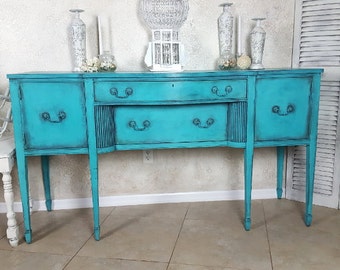 Vintage Buffet, Mid Century Sideboard, Hand Painted and Distressed in Layers of Turquoise Blue/Aquamarine/Teal Over Graphite French Counrty