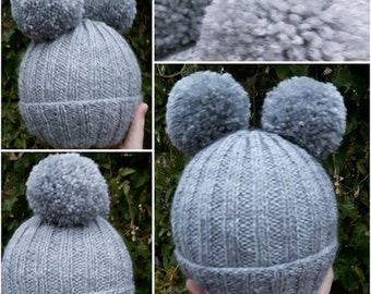 Double Pom Pom Hats: double pompom hat- bobble hat- made to order- winter- cold- snow- adults- children- 8 POUNDS-any colours- style 1 or 2-