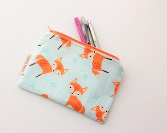 Zip pouch, Zipper pouch, Purse, Pencil Case, Flat, Cute, Mr Fox, Woodland, Mint Green, Gray, Handmade, Gift, Gift for her