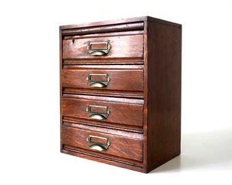 Antique Wooden Filing Cabinet - Mahogany & Brass Handles - 4 Drawer - Antique File Cabinet - Small Drawers - Index Card Box