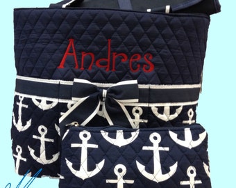Monogrammed Diaper Bag/ Navy Anchor/ Quilted Diaper Bag/ FREE MONOGRAM