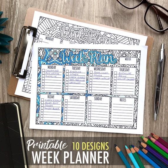 Printable Week Planner with 10 designs to color