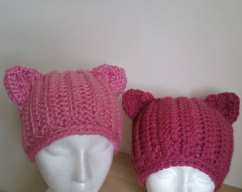 Pussycat Ears Hat, Pink Pussycat Hat, PussyHat Project, Pink Pussyhat, Kitty Hat, Cat Beanie, Winter Beanie, Animal Toque, Ponytail Beanie
