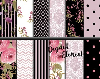 Digital Paper, Scrapbook Paper, Watercolor Digital Paper, Shabby Pink Rose Paper, Pink and Black Digital Paper, Background Paper. No. P159
