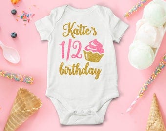 Half Birthday Outfit Girl Personalized One Piece Baby Bodysuit Pink And Gold Glitter Cupcake 6 Months 1/2