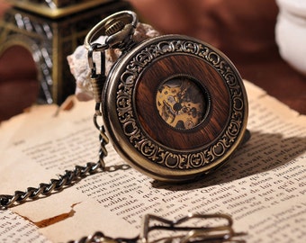 Wooden Men Pocket Watch Cool Luxury Lover Gift Chain Mechanical Steampunk