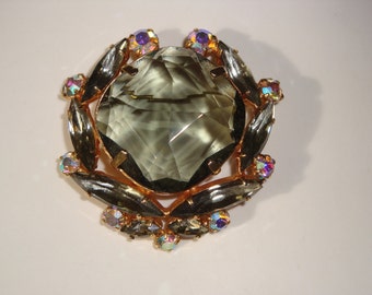 Vintage Greenish Grey and Rhinestone Brooch