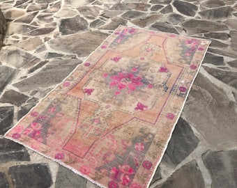 Oushak Rug 4.3x7.4ft Vintage Runner Rug Turkish Rug Muted Color Rug Handmade Rug Oushak Runner Rug Kilim Rug Pink Rug Vintage Rug Handwoven