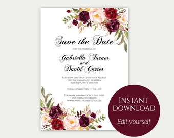 Save The Date Template, Save The Date Cards, Printable Save The Date, Marsala Save The Date, PDF Download, Save The Day Invites, DIY