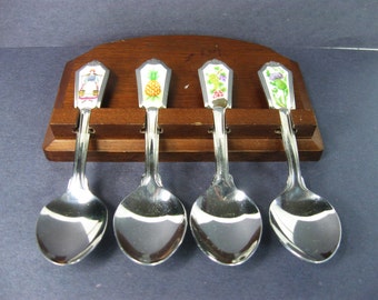 1985 Avon Stainless Steel Souvenir Spoon Set with Hanger, Sugar Spoons