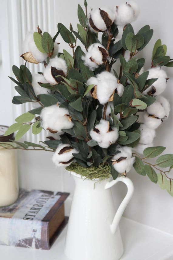 e table element Farmhouse Rustic Arrangement Cotton Stems Boll Cotton Decor