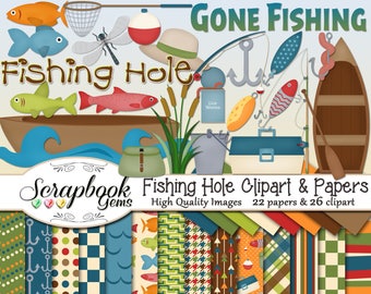 FISHING HOLE Clipart & Papers Kit, 26 png Clip arts, 22 jpeg Papers Instant Download fish lures raft canoe boat oar paddle worm net pole