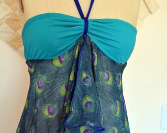 Sheer swimsuit coverup dress - BONUS bikini bottoms, teal peacock swimsuit cover-up, resortwear, Vegas, swimwear cover, bikini coverup