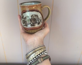 vintage pottery owl mug, earth tones, adorable