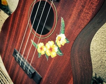 Ukulele sticker decal of vintage hibiscus flower and tropical fern