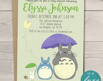 Totoro Baby Shower Invitation, umbrella, 5x7, green, my neighbor totoro, blue totoro, white totoro, cute, anime, chibi, printable