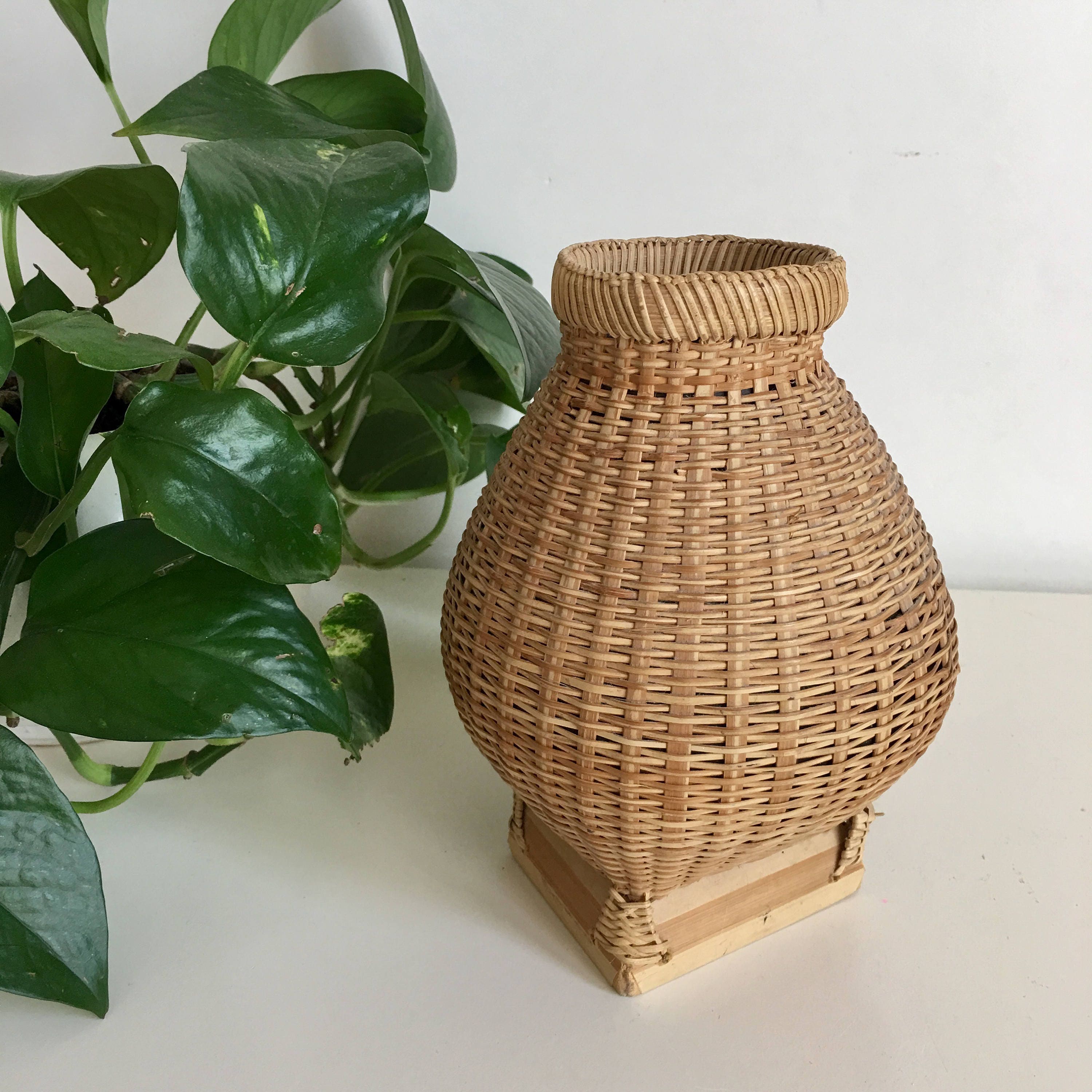 Vintage Woven Wicker Potbelly Basket Ceramic Lined Vase Boho