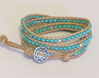 E-1710 Turquoise and silver leather wrap bracelet