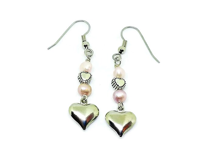 Freshwater Pearl Heart Earrings, Heart Charm Earrings, Pearl Dangle Earrings, Valentine's Day Gift, Mother's Day Gift, Unique Birthday Gift