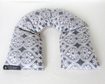 Extra Long Hot/Cold Microwave Neck Heating Pad,Microwave Rice Pack, Gray/White Damask Flannel,Rice Heating Pack,Spa/Relaxation Gift Idea
