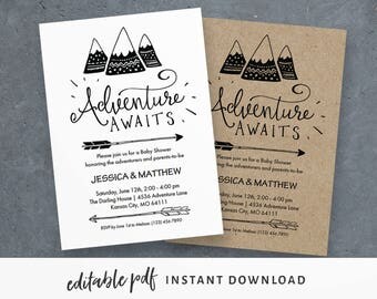 Adventure Baby Shower Invitation: Printable PDF. "Adventure Awaits", mountains and arrows. Rustic baby shower, modern baby shower invitation