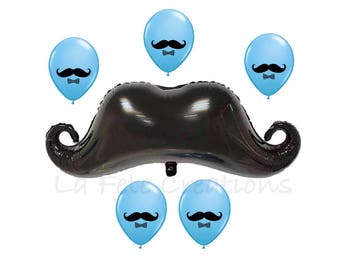 Mustache Balloons Large 34” Black Mylar & 11” Blue Latex Balloons / Set of 6 Balloons / Little Man Mr. Moustache Handlebar Shape Mustache