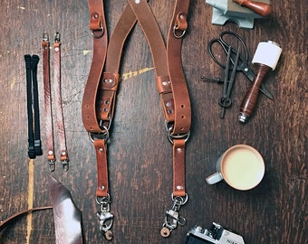 Dual Camera Harness Real Full Grain Leather Multicamera Harness Brown