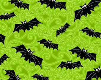 Glow in the Dark Green Bats from the Fantastic Glows Collection by Henry Glass, Halloween Fabric, Glows in Dark