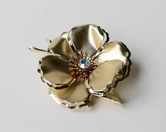 Vintage large gold flower AB brooch. 1980's gold tone satin textured 3D flower brooch. Statement gold flower satin aurora borealis brooch.