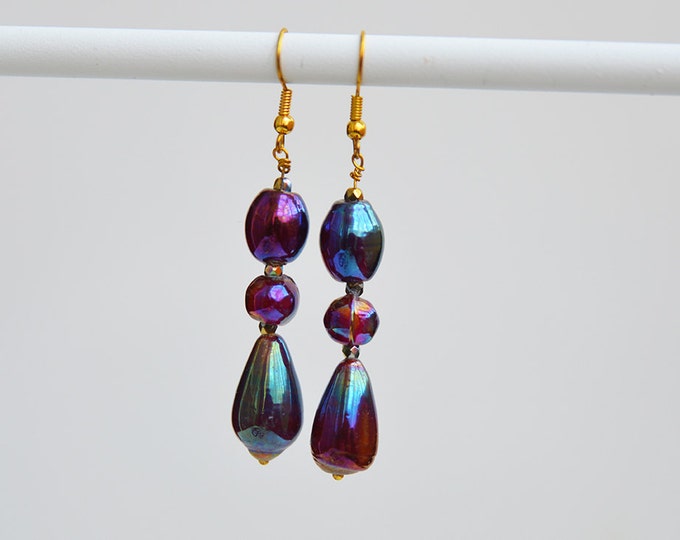 Long earrings with beads and iridescent vintage glass beads - gifts for her / valentine's gift