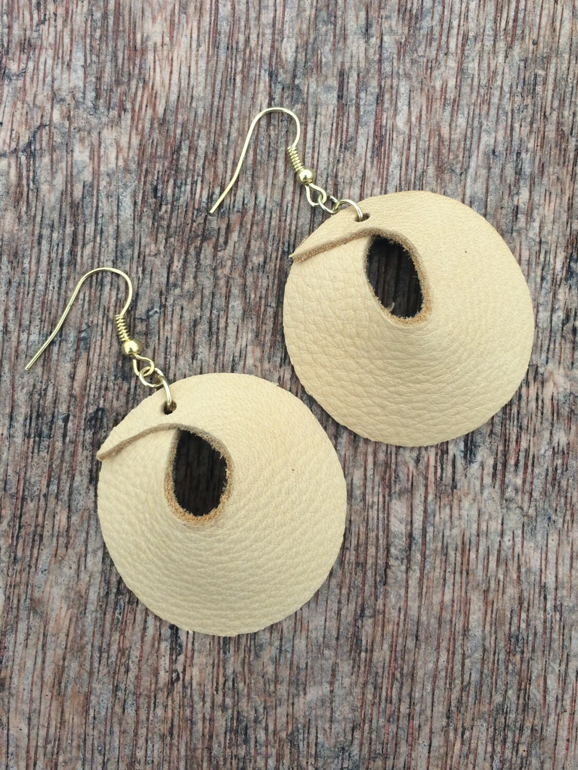 Cream Leather Circular Earrings
