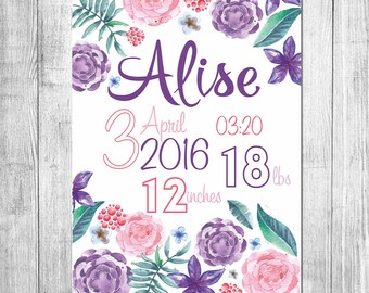 Birth Stats Print Nursery Wall Art Printable Birth Announcement Print