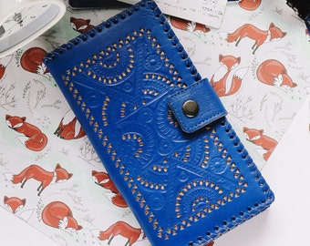 Guyra Blue Vintage Womens Wallet Genuine Leather Wallet Big Wallet Zipper Coin Phone Cards Mandala Carved Tooled Asian Wallet